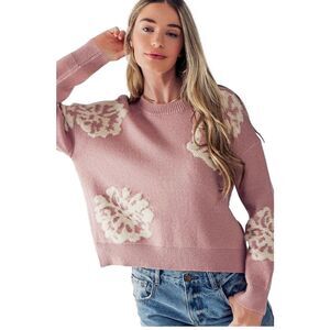 Dreamers by Debut Embroiled Floral Knit Crop Pink Sweater